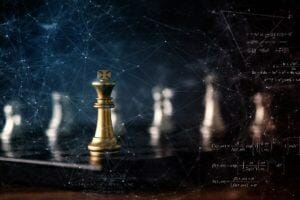 futuristic graphic icon and golden chess board game