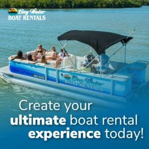 Create your ultimate boat rental experience today - ad showing a group of people on a pontoon boat on clear water